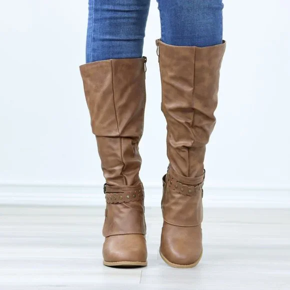 Motorcycle Heeled Boots For Rocker Biker Girls Below The Knee Tan Faux Leather - Picture 9 of 15